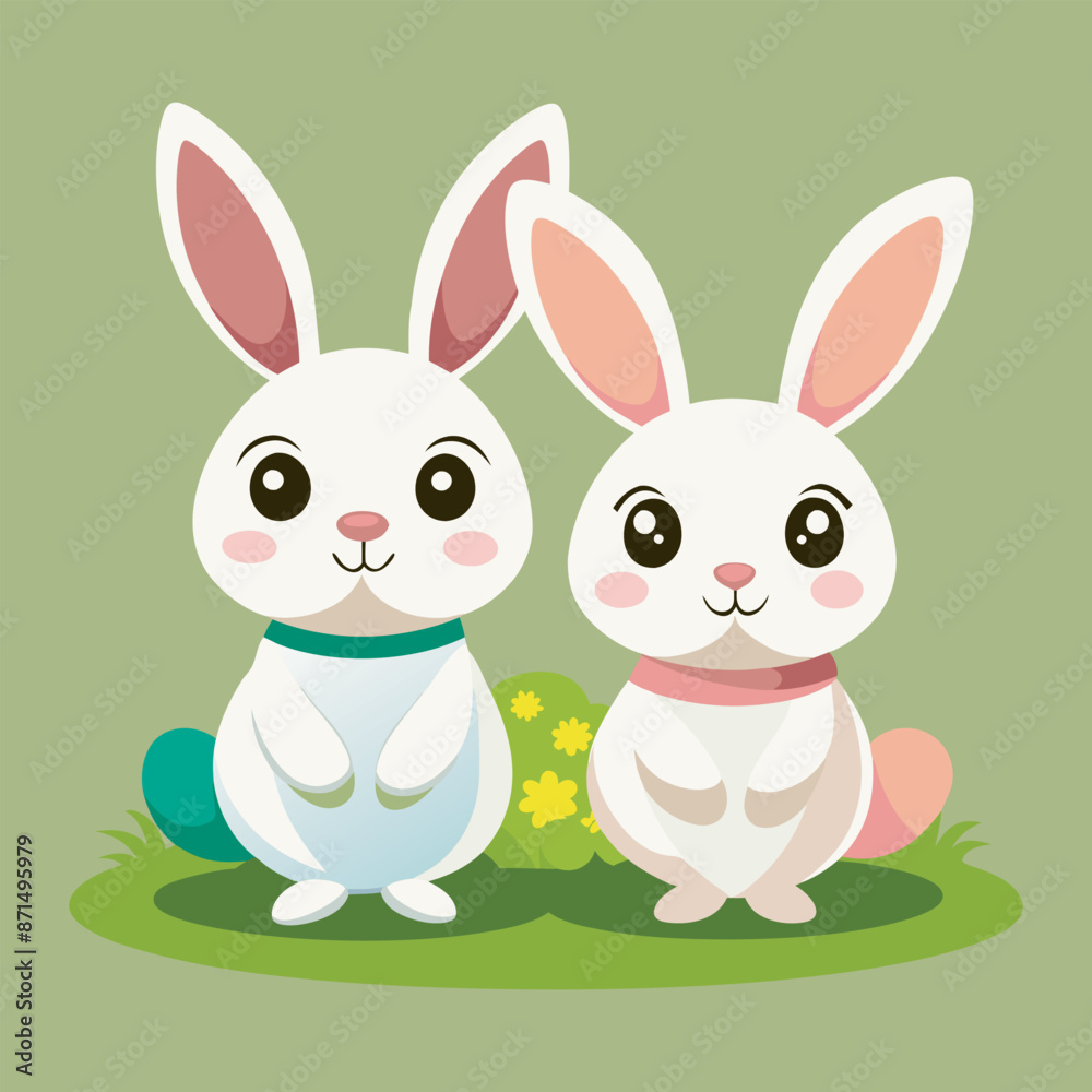 Adorable Bunny Pair on Grass Vector Illustration.
