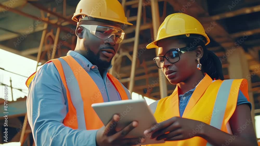 Woman engineer supervising construction of building with construction worker checking her tablet device Woman engineer supervising construction of building with construction worker checking her tablet device