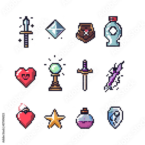 set of retro-style pixel art icons reminiscent of classic 8-bit video games