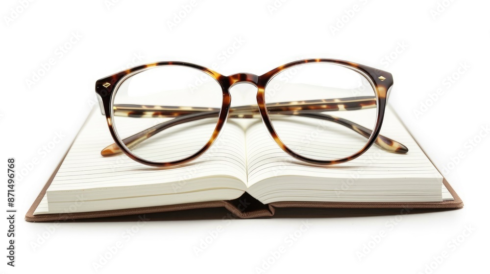 Eyeglasses and Notebook Against White Background Eyeglasses and Notebook Against White Background
