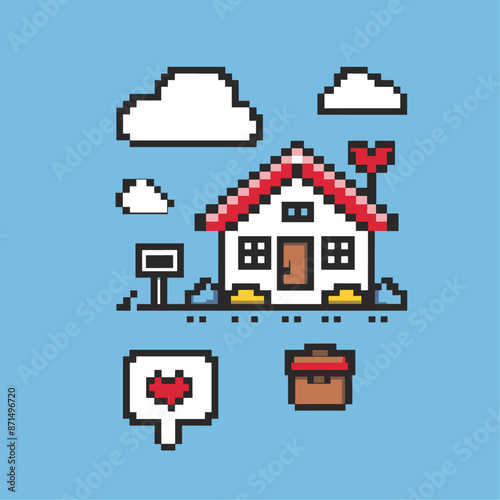 Collection of simple pixel art icons for user interface design: house, tree