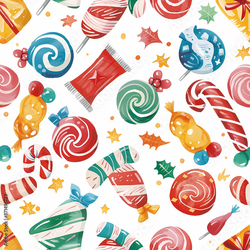 seamless pattern with christmas, bell, Santa claus, candy