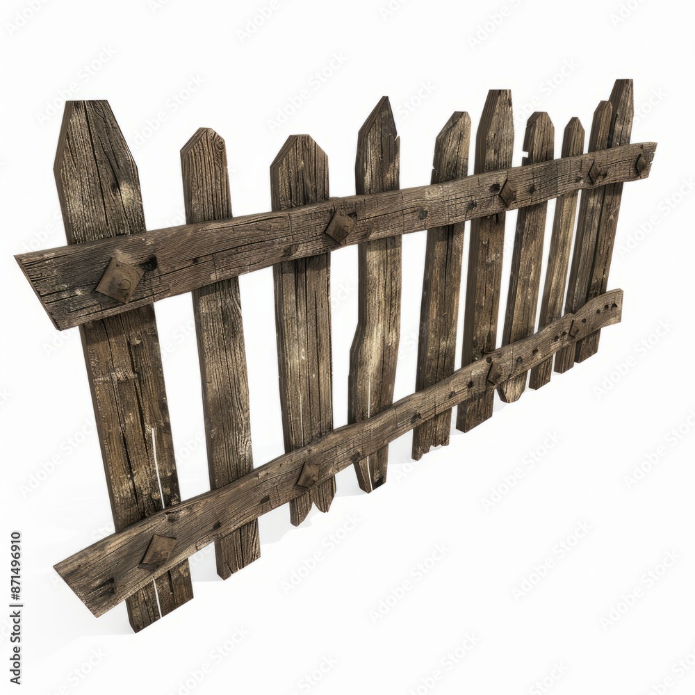 Obraz premium 3D Render, Low Poly style of a wooden village fence, on isolated white background, Generative AI