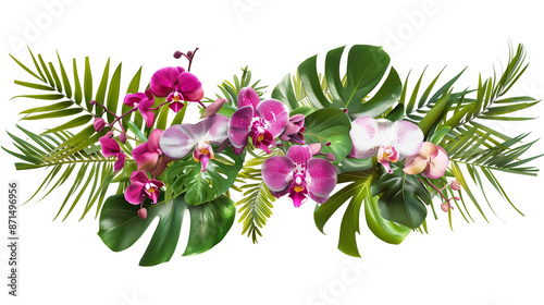 Fototapeta Naklejka Na Ścianę i Meble -  Tropical leaves and flowers garland bouquet arrangement mixes orchids flower isolated on white or transparent PNG Background
