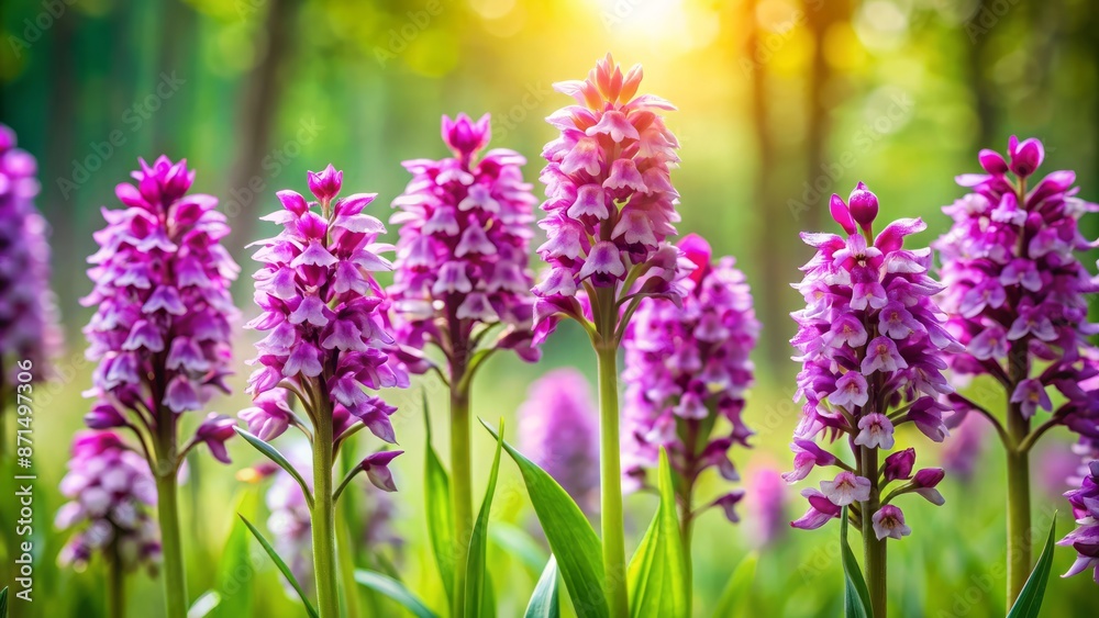 Obraz premium Delicate exotic Orchis Purpurea orchids bloom in a vibrant purple hue amidst lush green foliage in a serene natural setting.