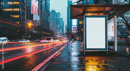 Blank White Poster at Bus Stop in Bustling City at Night photo