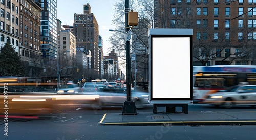 Blank White Poster at Bus Stop in Bustling City at Night