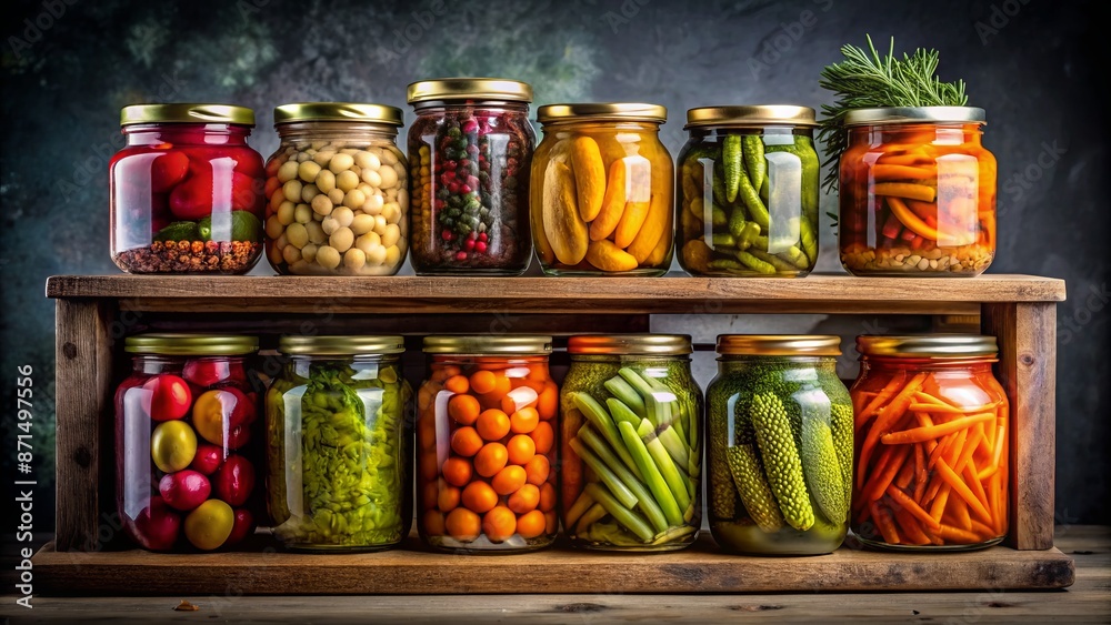 Vibrant jars of pickled cucumbers, carrots, and beans line a rustic wooden shelf against a dramatic black background. Vibrant jars of pickled cucumbers, carrots, and beans line a rustic wooden shelf against a dramatic black background.