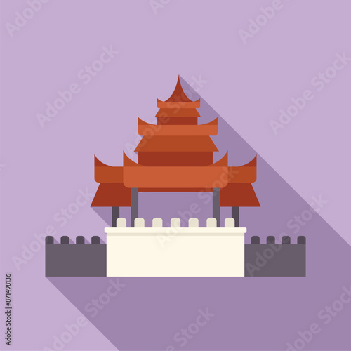 Traditional chinese gate standing behind a wall, flat style icon with long shadow