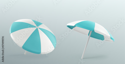 Open blue and white beach umbrella. Realistic 3d vector illustration set of sunshade sea vacation and travel equipment. Shore or pool relax object. Safety outdoor summertime sunbath concept mockup.