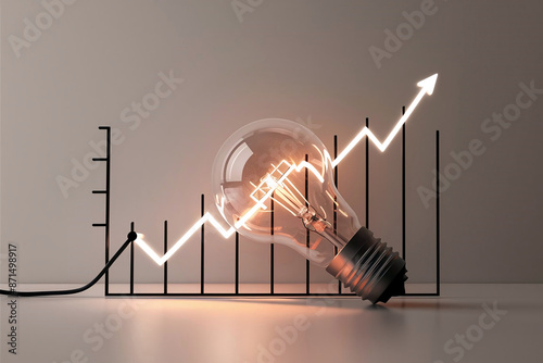 Illustration of increasing electricity costs featuring a glowing light bulb and a rising graph, symbolizing economic growth in energy expenses with a simple and clear design. 