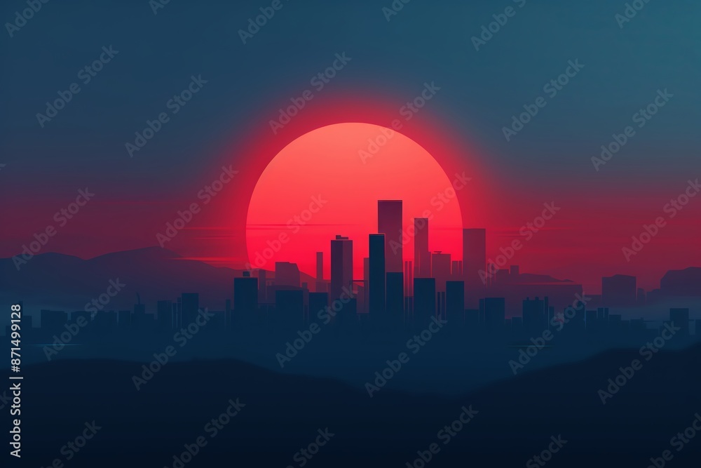 Fototapeta premium A futuristic cityscape silhouetted against a large, red, glowing sun. The sky is dark blue, creating a dramatic contrast.