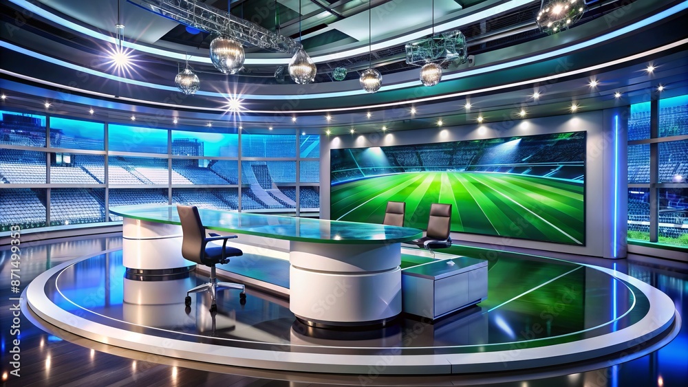 Modern football broadcast studio with sleek furniture, high-tech equipment, and vibrant LED lights illuminating a sleek, curved news desk backdrop. Modern football broadcast studio with sleek furniture, high-tech equipment, and vibrant LED lights illuminating a sleek, curved news desk backdrop.