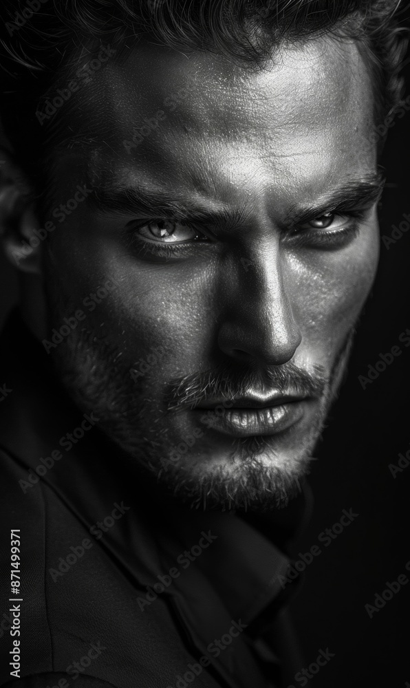 A man with a sharp jaw and an intense gaze. This image represents strong masculinity and a confident personality. A man with a sharp jaw and an intense gaze. This image represents strong masculinity and a confident personality.