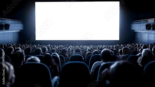 A large, empty screen in a darkened movie theater, with a crowd of people eagerly awaiting the show.