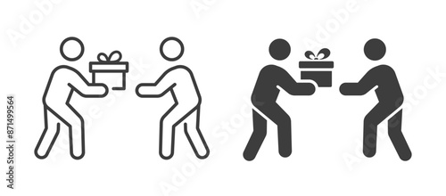Icon depicting two people exchanging gifts symbolizes delivery or giving. Vector illustration.