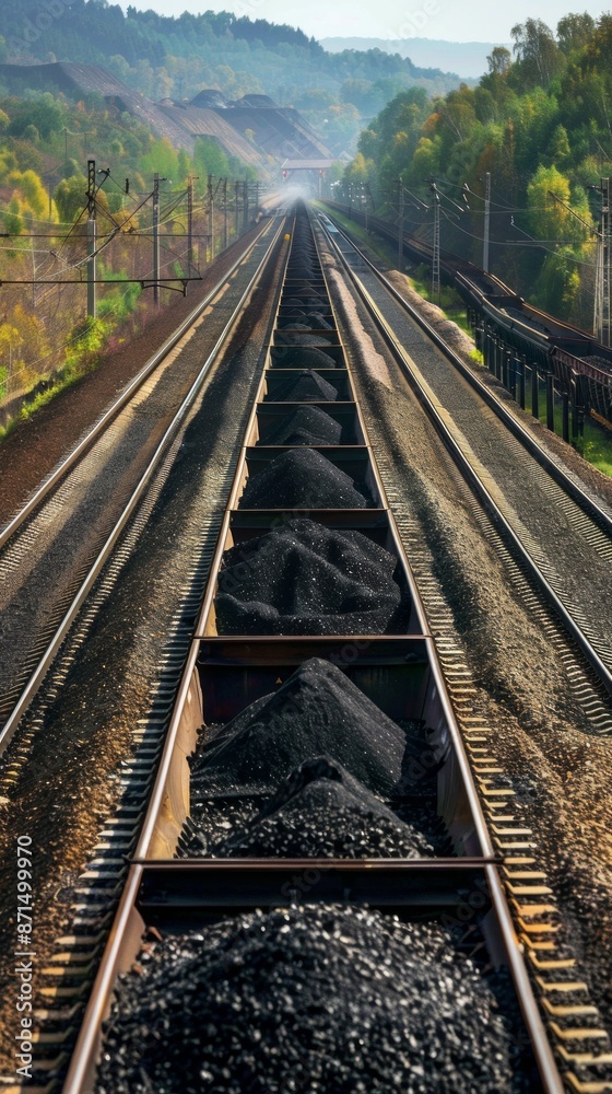 Naklejka premium A train carrying a cargo of coal travels across a railway track, surrounded by lush green hills and a bright blue sky