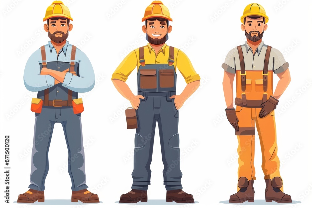 Three construction workers in different uniforms symbolizing diversity and professionalism in a detailed illustration Three construction workers in different uniforms symbolizing diversity and professionalism in a detailed illustration