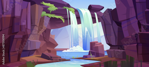 Summer sunny day landscape with high rocky cliff mountains and waterfall. Cartoon vector illustration scenery with river stream water falling from stone hills. Wilderness scene with canyon peak.
