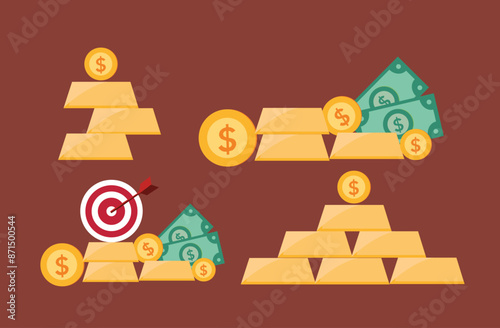 illustration of a dollar,  gold bars and coins