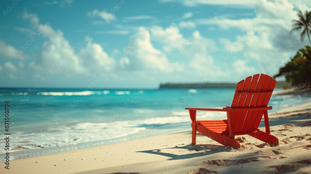 A red beach chair facing the ocean on a sunny day, perfect for relaxation and enjoying the serene coastal view. A red beach chair facing the ocean on a sunny day, perfect for relaxation and enjoying the serene coastal view.