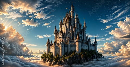 floating medieval gothic castle palace building floating in the sky in the clouds. fantasy stone towers levitating building. © Shane Sparrow