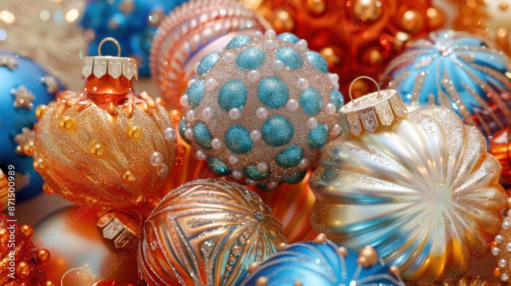 A close-up of various colorful and intricately designed Christmas ornaments, showcasing festive holiday decorations. A close-up of various colorful and intricately designed Christmas ornaments, showcasing festive holiday decorations.