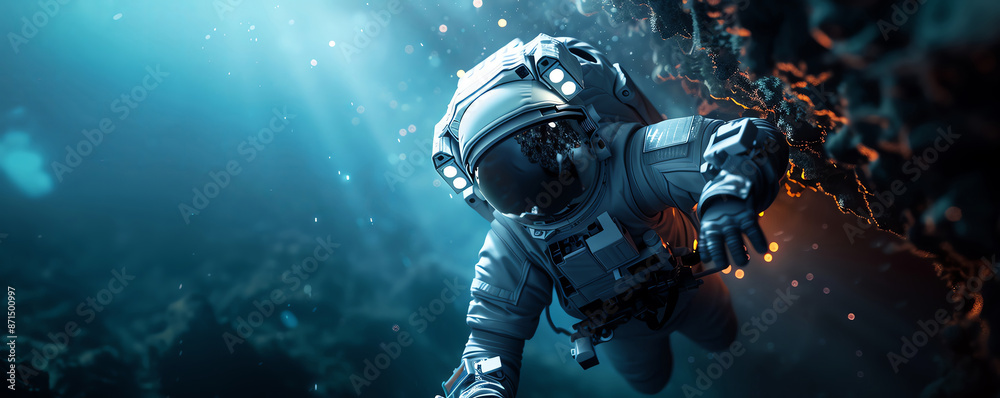 visually striking image of underwater exploration, with astronauts in surreal lighting visually striking image of underwater exploration, with astronauts in surreal lighting