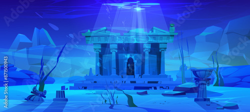 Ancient sunken Greek temple on sea bottom. Cartoon vector illustration of blue marine landscape with Rome pantheon ruins with columns deep under water. Fantasy lost civilization city on seabed.