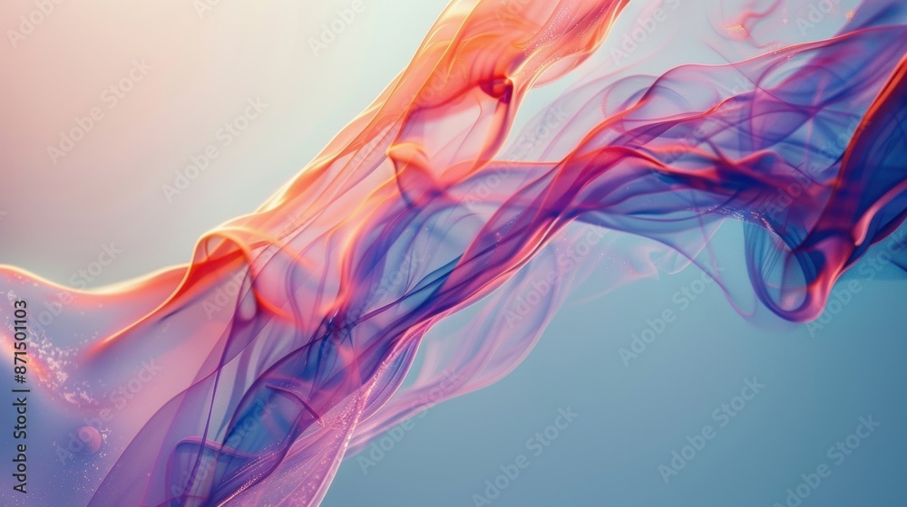 Fototapeta premium Vibrant abstract artwork featuring colorful, flowing smoke patterns in shades of pink, purple, and blue against a soft background.