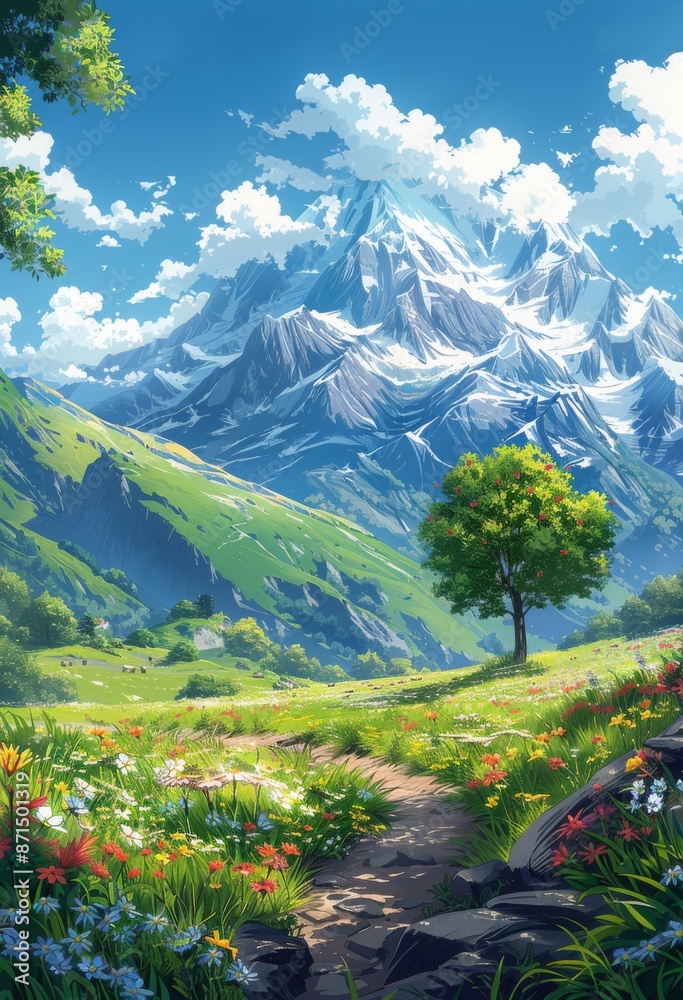 Fototapeta premium 緑の草原と花のある美しい山の風景