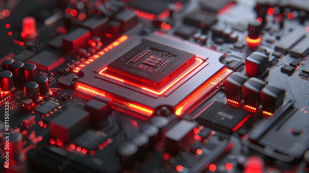 a close up of a computer chip with a red light on it and a black and white chip with a red light on it a close up of a computer chip with a red light on it and a black and white chip with a red light on it