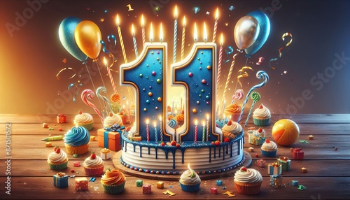 Number 11 Birthday Cake With Balloons And Sprinkles, Colorful Celebration, Festive, Party, 3D Art