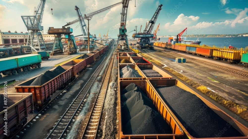 Fototapeta premium A panoramic view of a busy seaport, showcasing cranes loading coal onto train cars. The sun shines brightly overhead, illuminating the bustling activity and the surrounding industrial landscape