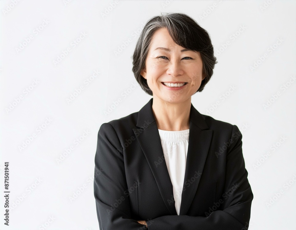 黒いスーツ姿で笑顔で腕組みをする60代の女性実業家 黒いスーツ姿で笑顔で腕組みをする60代の女性実業家