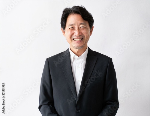 黒いスーツ姿で笑顔で腕組みをする60代の男性コンサルタント 経営者