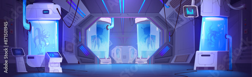 Futuristic science lab with space aliens in cryogenic capsules. Vector cartoon illustration of spaceship hall with computer screens, glass chambers with creatures in liquid substance, game background