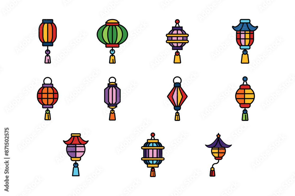 Naklejka premium isolate chinese lantern flat icon set