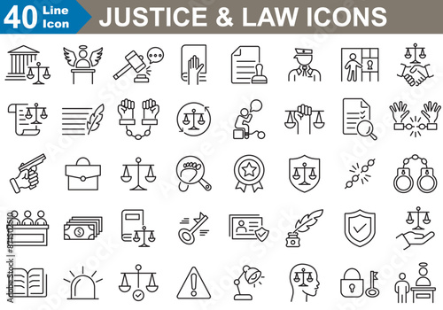Justice and Law line icons set. thin line icons pack. lawyer, law book, gavel, crime, judge, court house more. vector illustration 