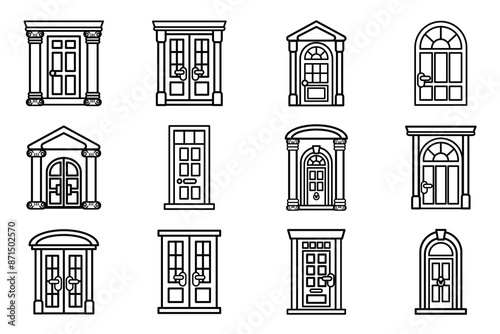 isolate black and white front door flat icon set