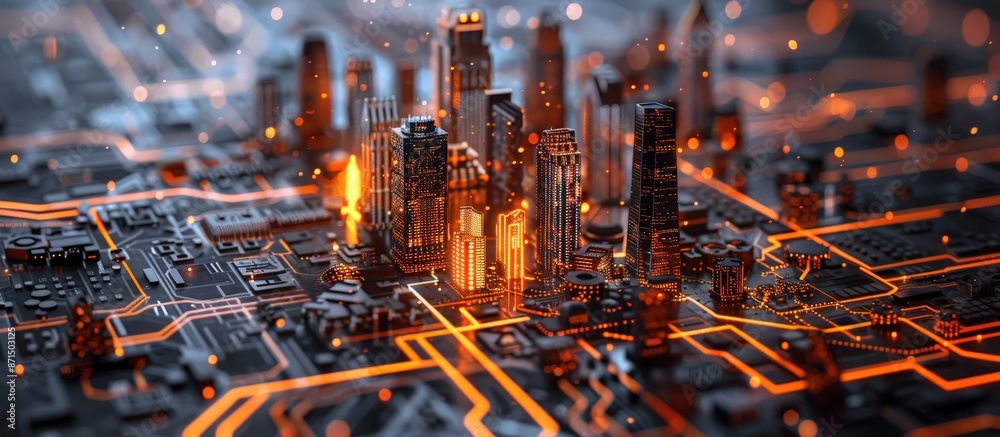 A high-tech cityscape with illuminated orange circuit lines, symbolizing cutting-edge technology and urban innovation. A high-tech cityscape with illuminated orange circuit lines, symbolizing cutting-edge technology and urban innovation.
