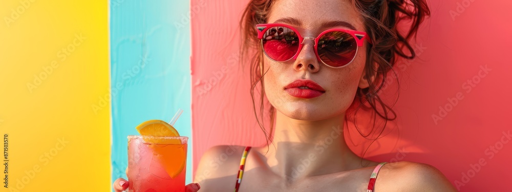 Fototapeta premium A woman, donned in red sunglasses, holds a glass with a vibrant wall as a backdrop and a half lemon nearby