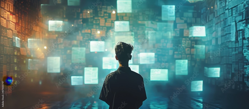 A man stands in a futuristic room surrounded by floating digital screens and holographic displays, creating a high-tech and immersive atmosphere. A man stands in a futuristic room surrounded by floating digital screens and holographic displays, creating a high-tech and immersive atmosphere.