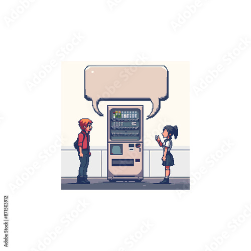 retro-styled pixel graphic depicting professionals conversing next to an office water cooler