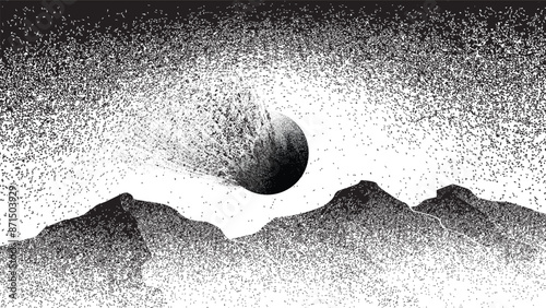 Comet explosion in space. Futuristic landscape, with noise texture . Night landscape with meteor explosion.Vector illustration