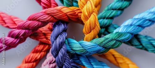 Close-up of colorful braided ropes arranged in a circular pattern, highlighting a vibrant spectrum of colors and textures.