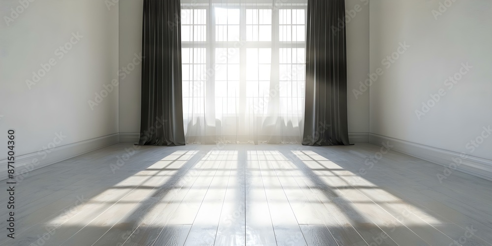 Cream Room Bathed in Sunlight with Shadows from Black Window Curtains. Concept Indoor photoshoot, Cream room, Sunlight, Shadows, Black curtains Cream Room Bathed in Sunlight with Shadows from Black Window Curtains. Concept Indoor photoshoot, Cream room, Sunlight, Shadows, Black curtains