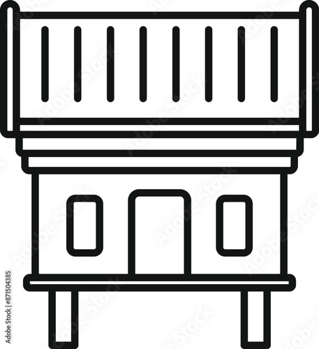 Asian traditional wooden house standing on stilts over water with steep gabled roof line art icon