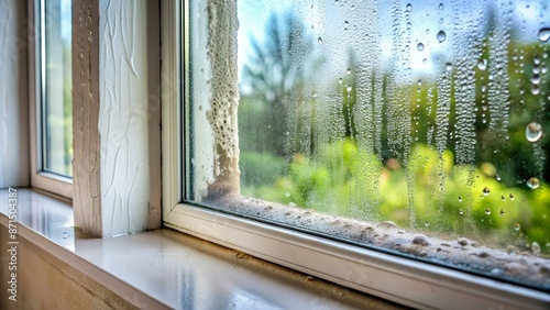 Window drip due to bad ventilation inside house. Condensation on glass during cold weather. High humidity is cause of mold (mildew, mould) on house or building surfaces. Water drop tracks on windows. photo