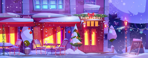 Winter night city street on Christmas eve. Vector cartoon illustration of restaurant building facade decorated for xmas holiday, piles of snow on tables and chairs, garlands on windows, retro lanterns